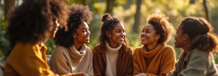 Diverse BIPOC individuals having a supportive conversation outdoors.