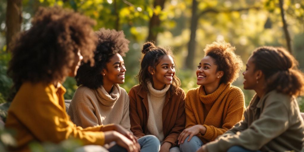 Diverse BIPOC individuals having a supportive conversation outdoors.