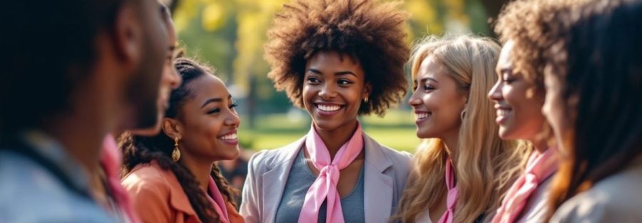 Diverse BIPOC individuals supporting breast cancer awareness outdoors.