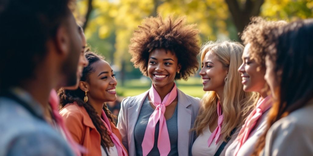 Diverse BIPOC individuals supporting breast cancer awareness outdoors.