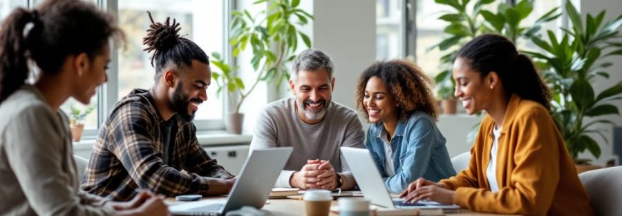 Group of professionals collaborating in a modern workspace.