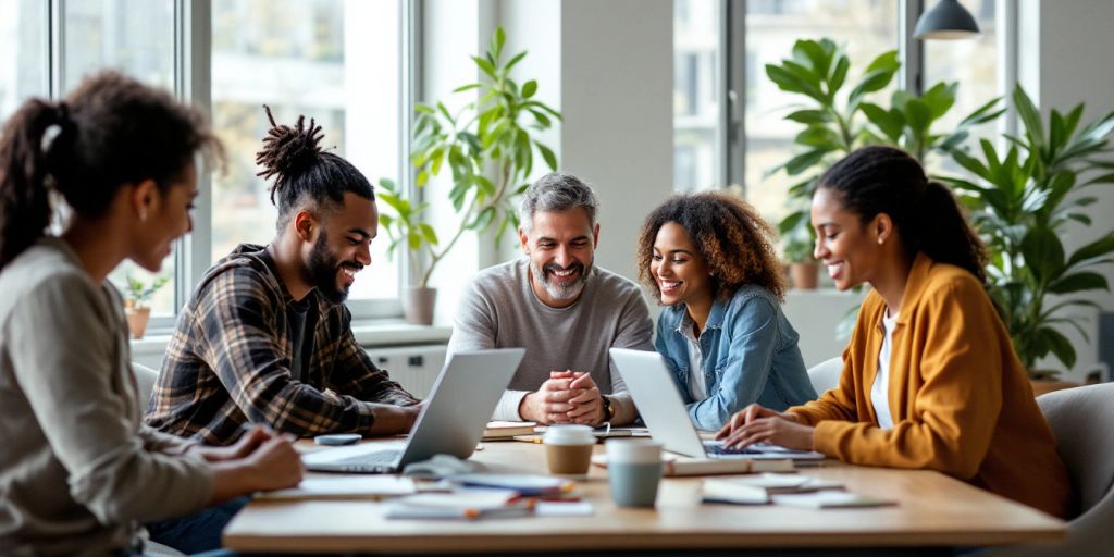 Group of professionals collaborating in a modern workspace.